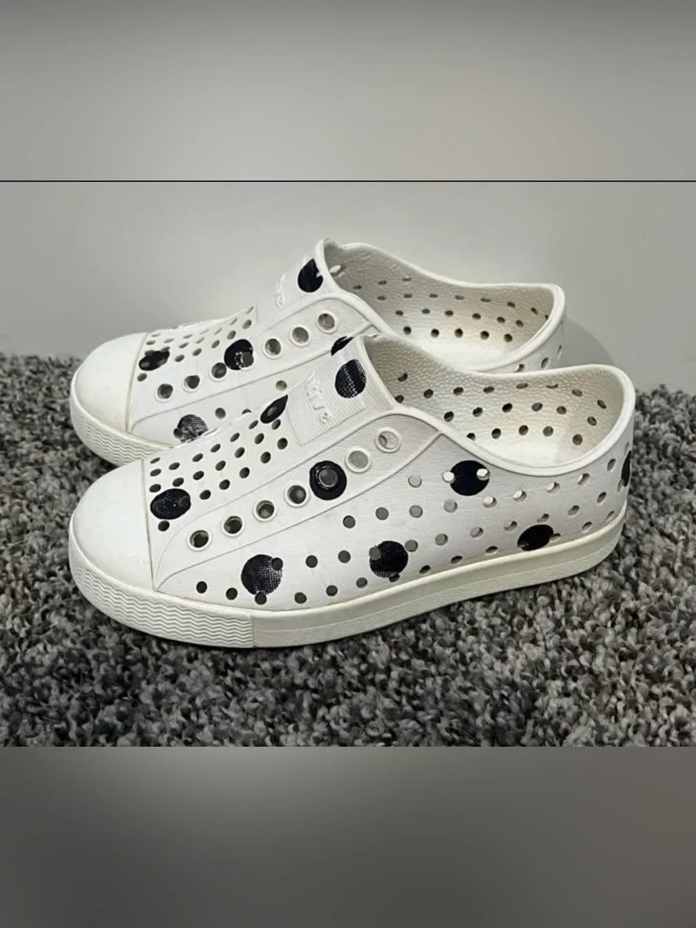 Native Waterproof Kids White Slip-On Perforated Black Dot Sneakers Size J2